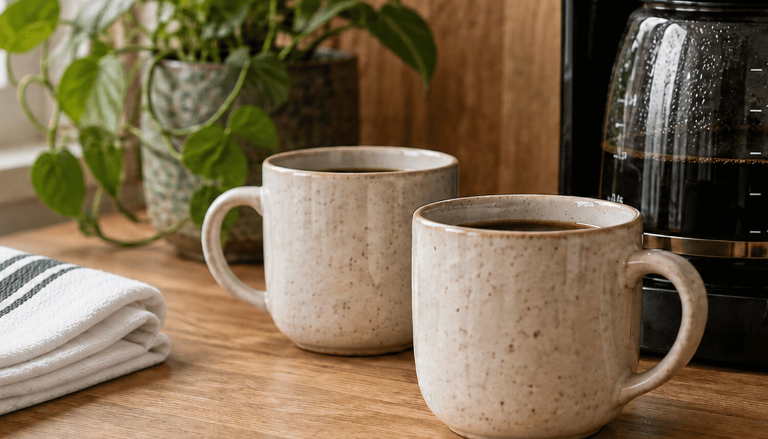 Coffee corner placeholder with mugs and a coffee maker - photos coming soon.