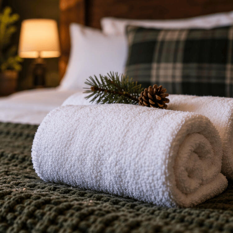 Fresh white towels prepared on premium bedding at The Cozy Moose room rental