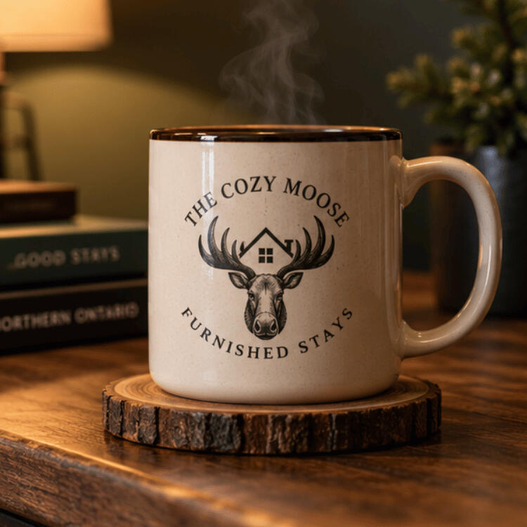 Cozy coffee detail at The Cozy Moose furnished room rental in Kirkland Lake