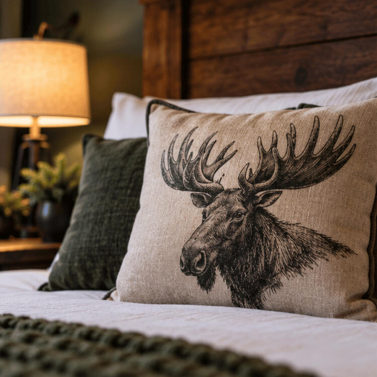 Moose accent pillow and premium white bedding at The Cozy Moose furnished stay